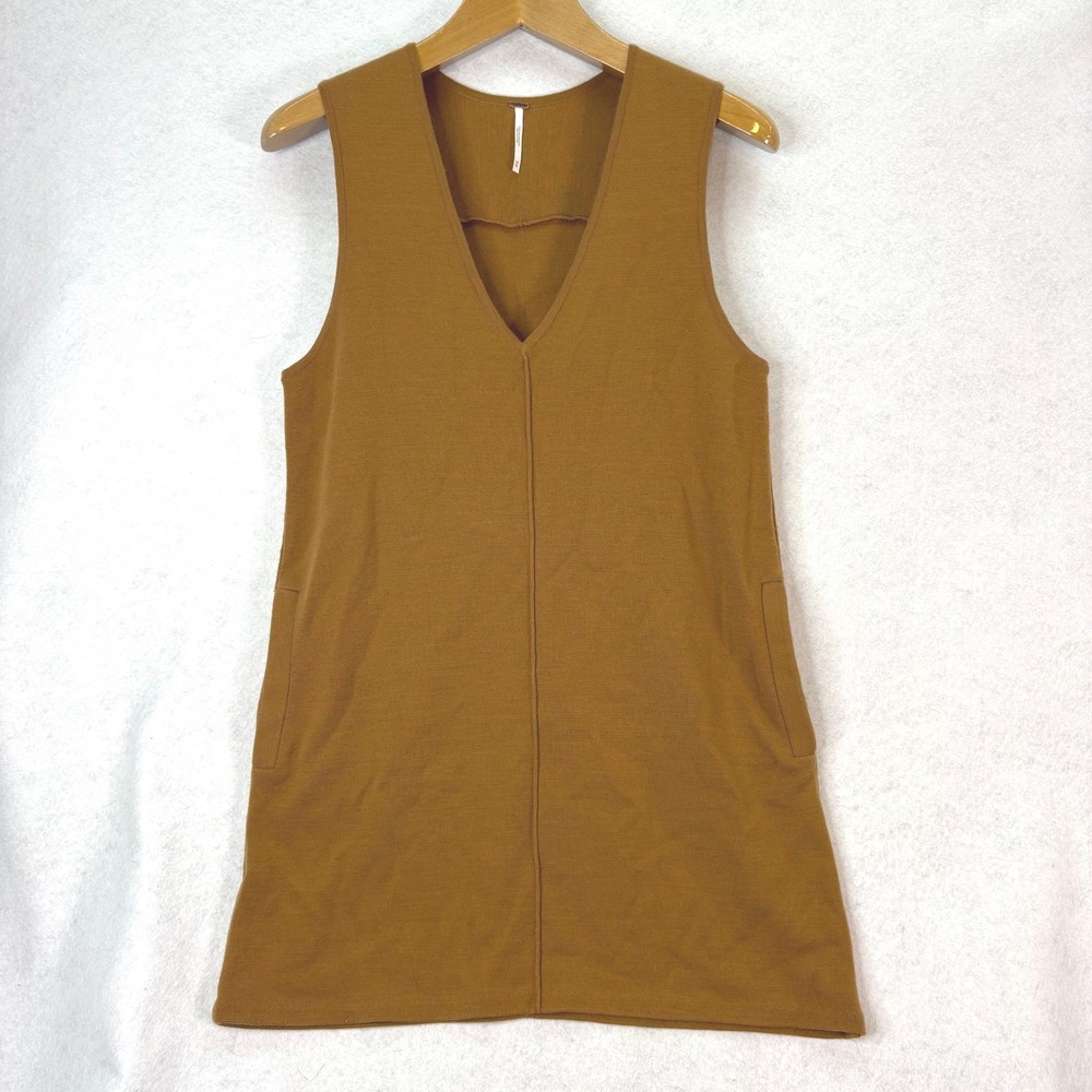 Free People Camel‎ Knit Wool Blend V-Neck Sweater Dress Womens M Boho Mod Layer